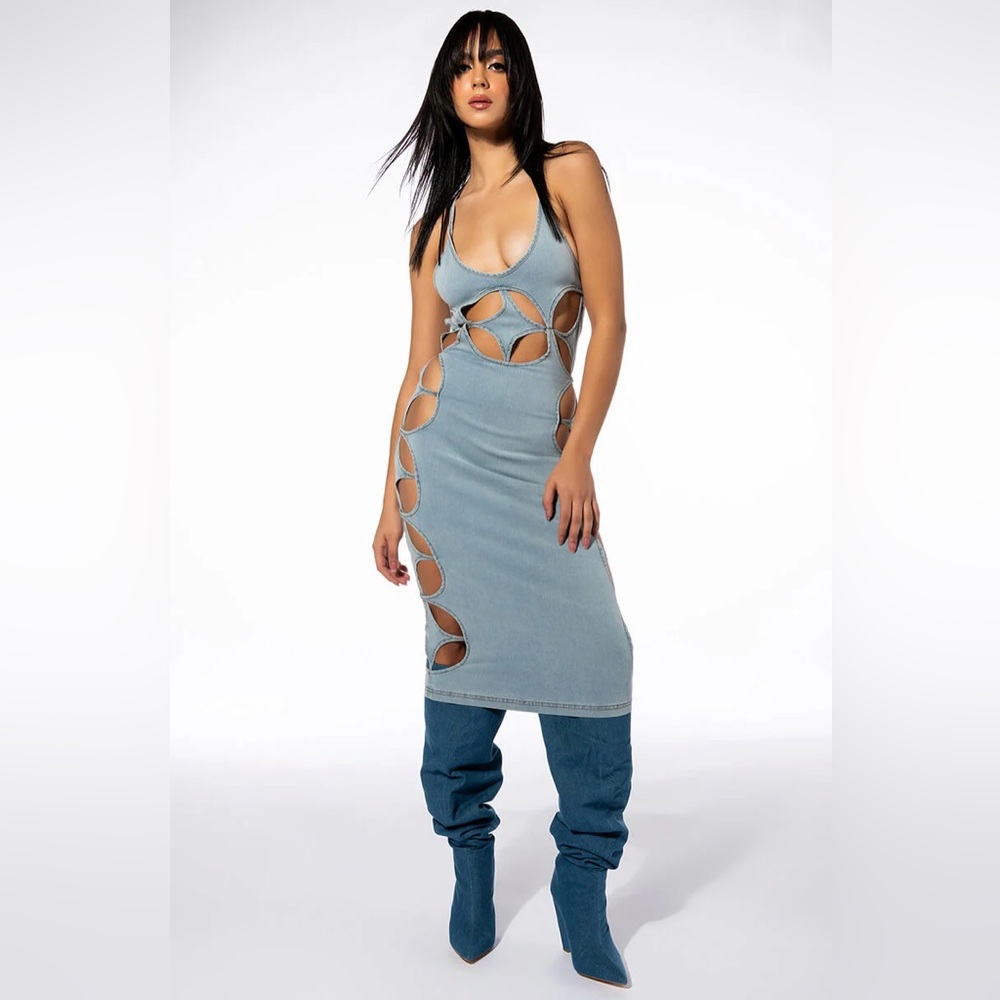 NWT. AKIRA Label Diamond Denim Cut Out Dress.